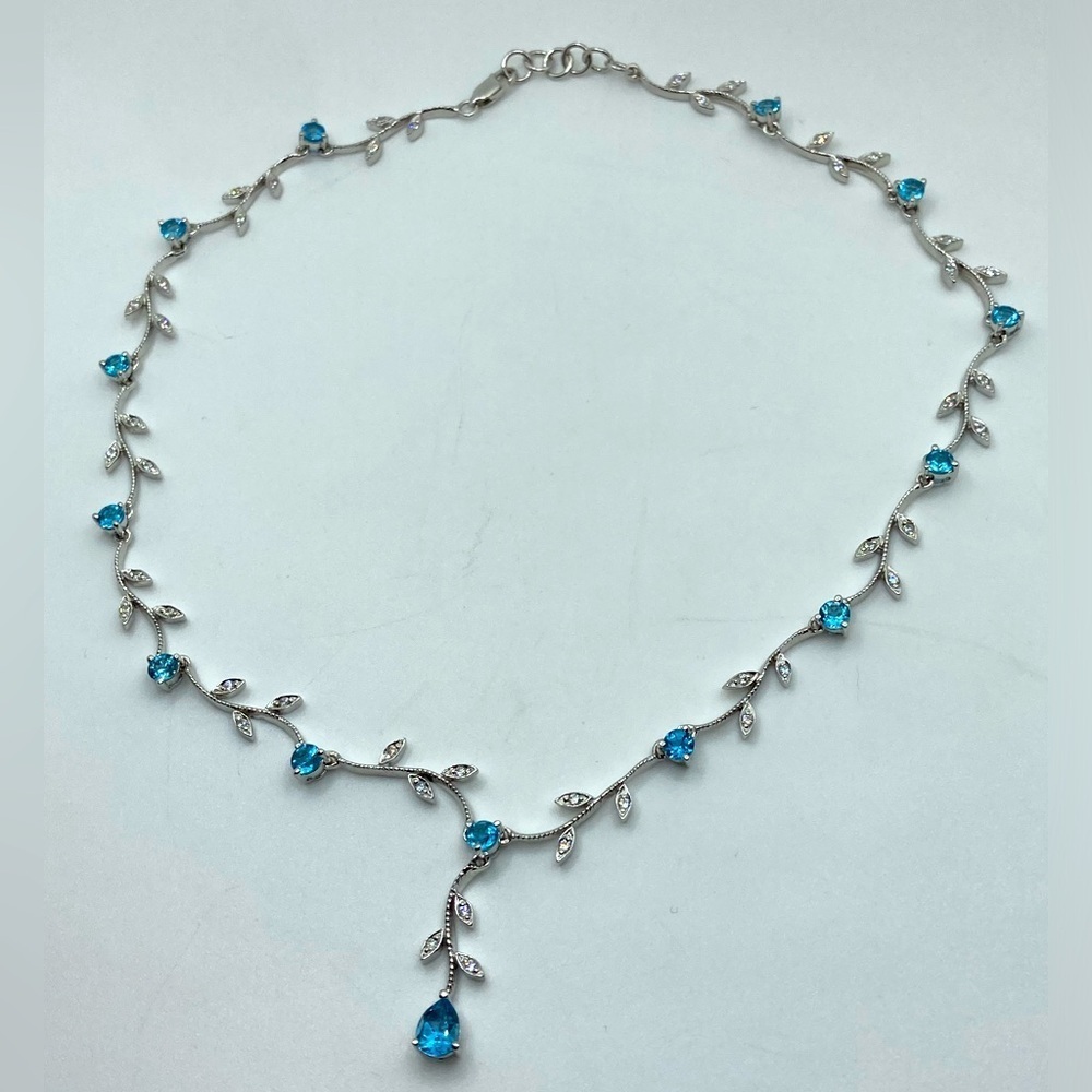 STERLING Blue Topaz & CZ Fancy Leaves Vines Necklace w Drop Pendant 16” + 1”